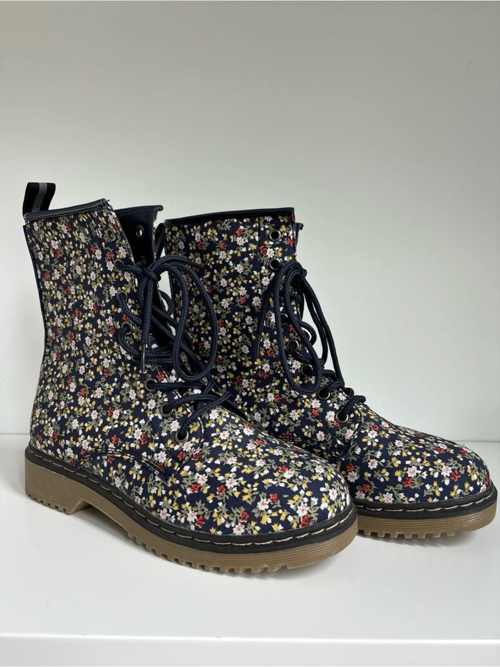 Floral Lace-Up Combat Boots - Navy Floral